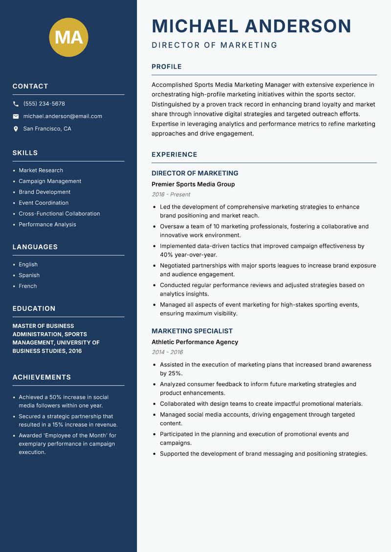 Sports Media Marketing Manager resume template — Classic Clean