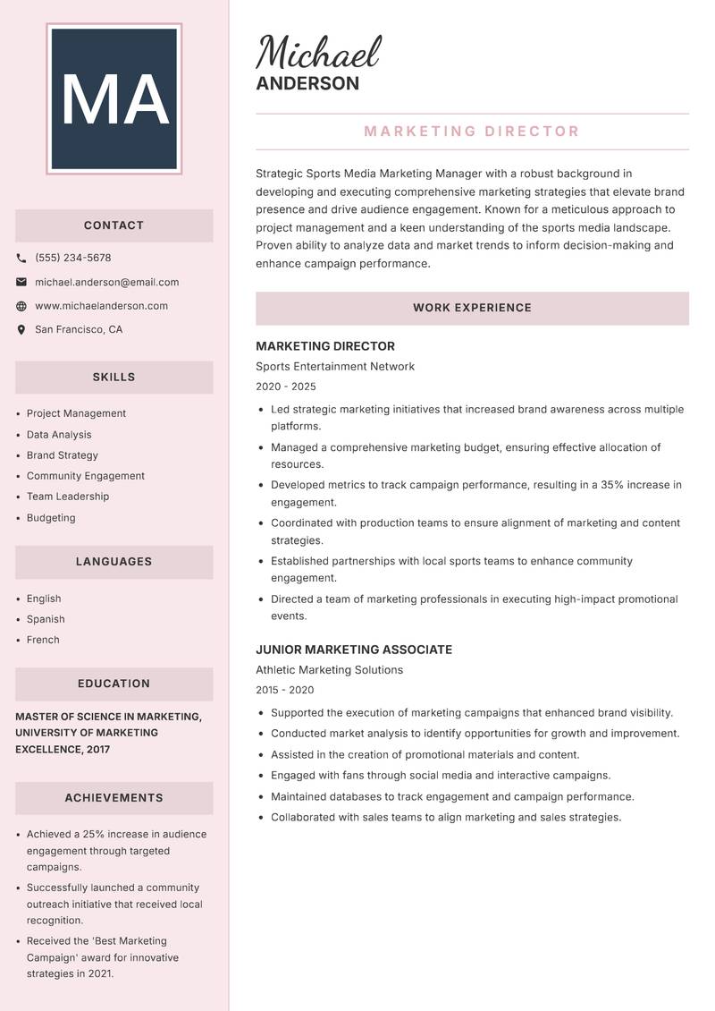 Sports Media Marketing Manager resume template — Executive