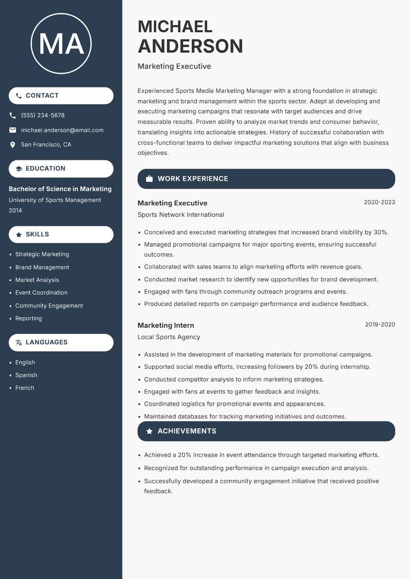 Sports Media Marketing Manager resume template — Compact