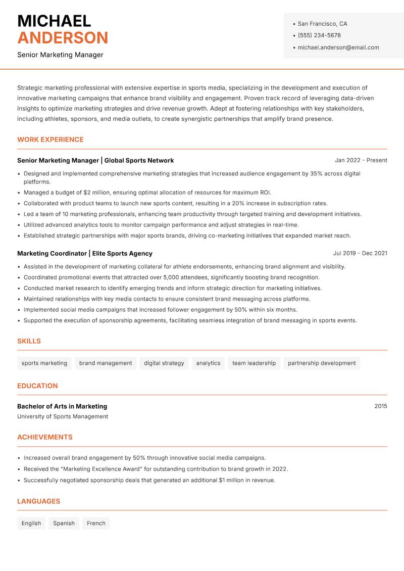 Sports Media Marketing Manager resume template — Modern Professional