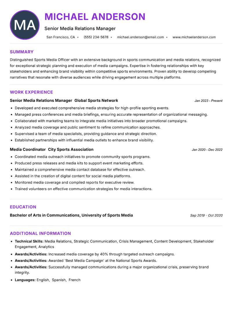 Sports Media Officer resume example — ATS-friendly template