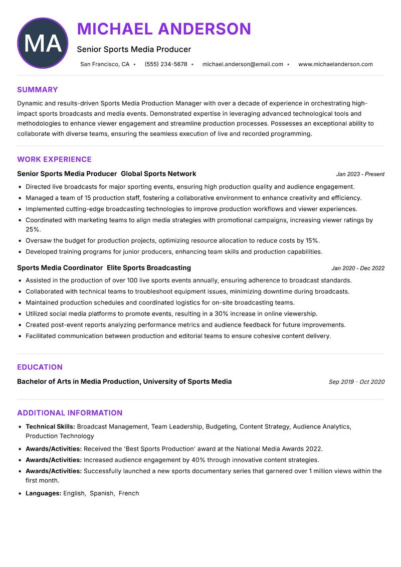 Sports Media Production Manager resume example — ATS-friendly template