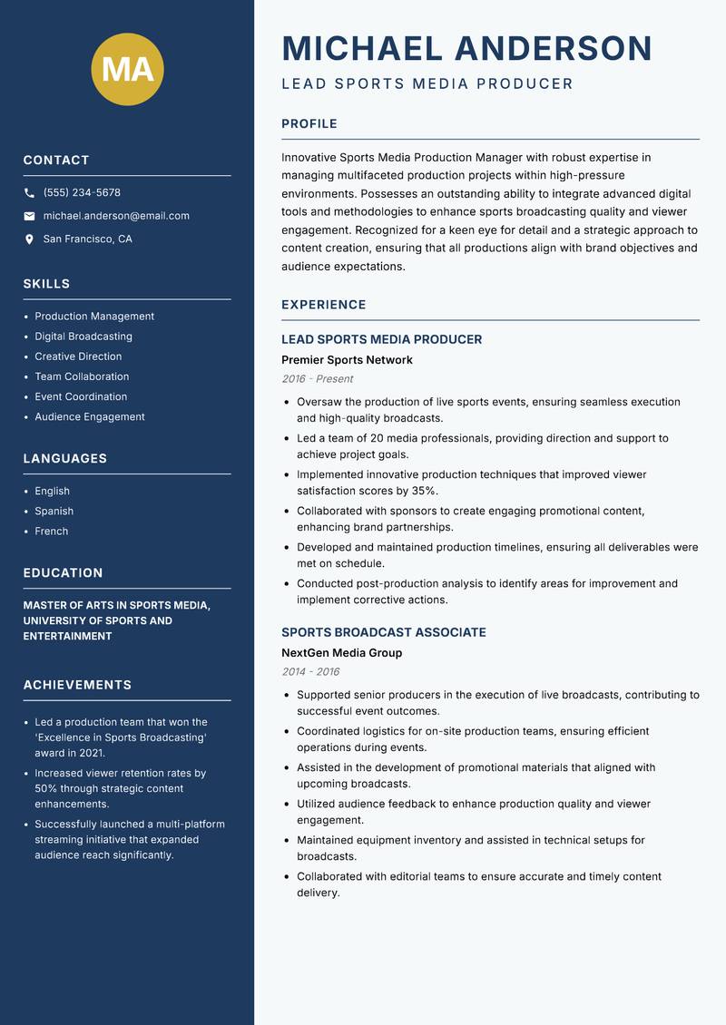 Sports Media Production Manager resume template — Classic Clean