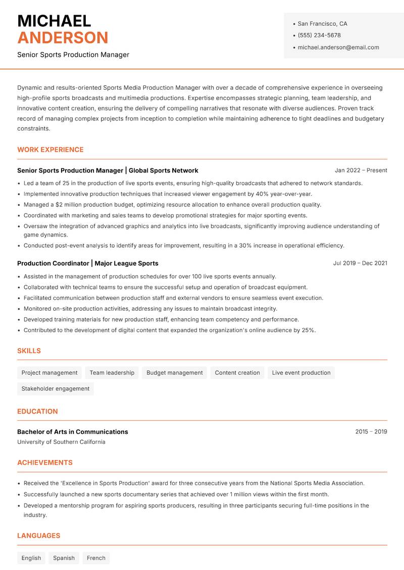 Sports Media Production Manager resume template — Modern Professional