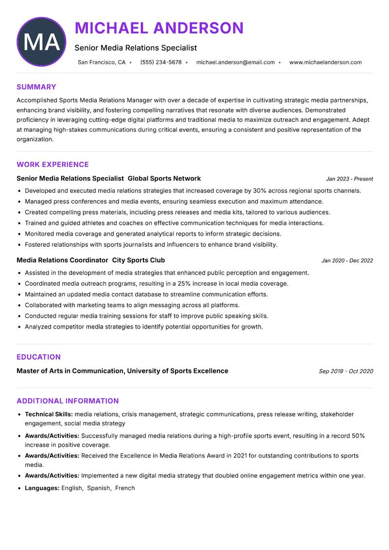 Sports Media Relations Manager resume example — ATS-friendly template