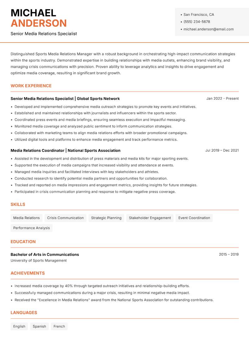Sports Media Relations Manager resume template — Modern Professional