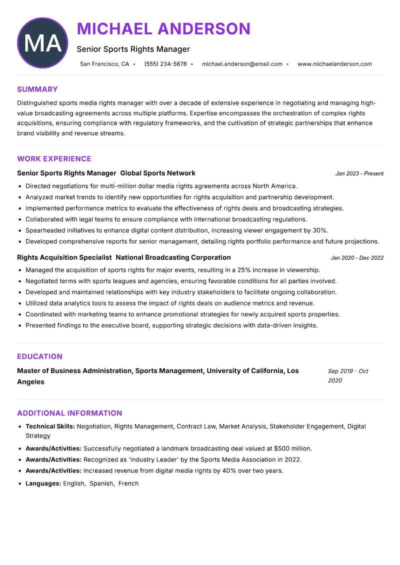 Sports Media Rights Manager resume example — ATS-friendly template