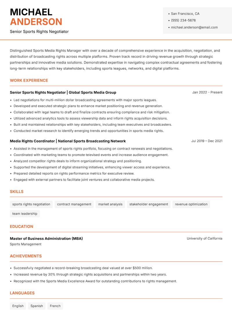 Sports Media Rights Manager resume template — Modern Professional