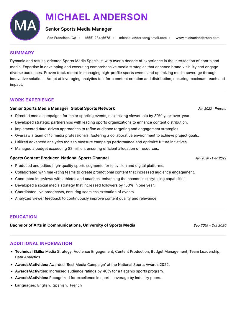 Sports Media Specialist resume example — ATS-friendly template