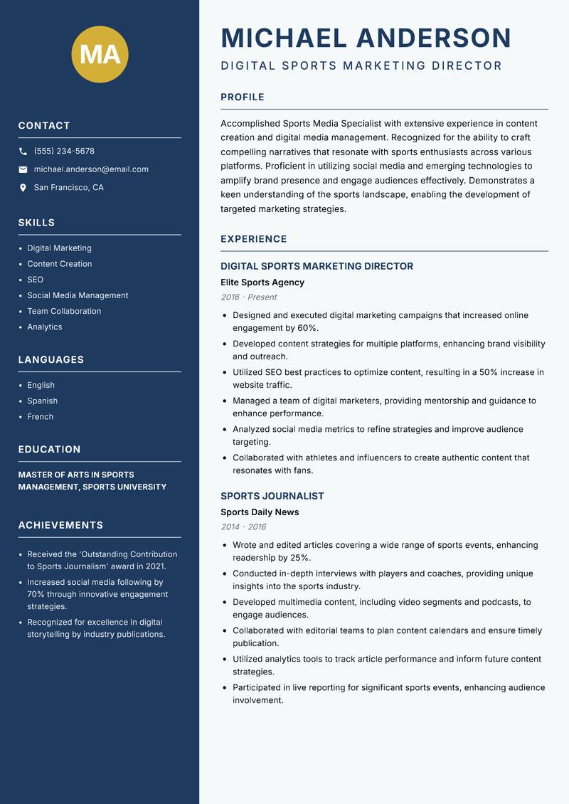Sports Media Specialist resume template — Classic Clean