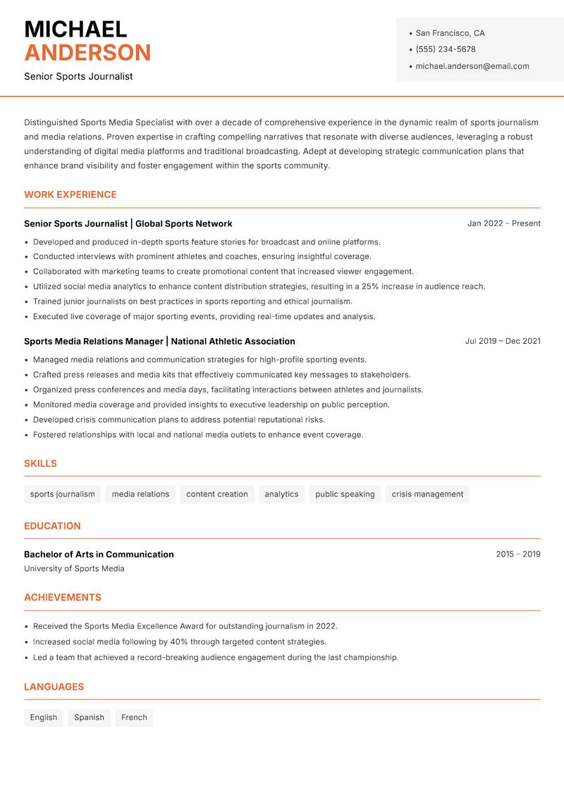 Sports Media Specialist resume template — Modern Professional