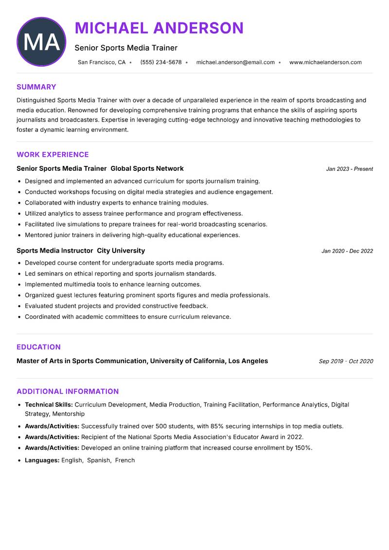 Sports Media Trainer resume example — ATS-friendly template