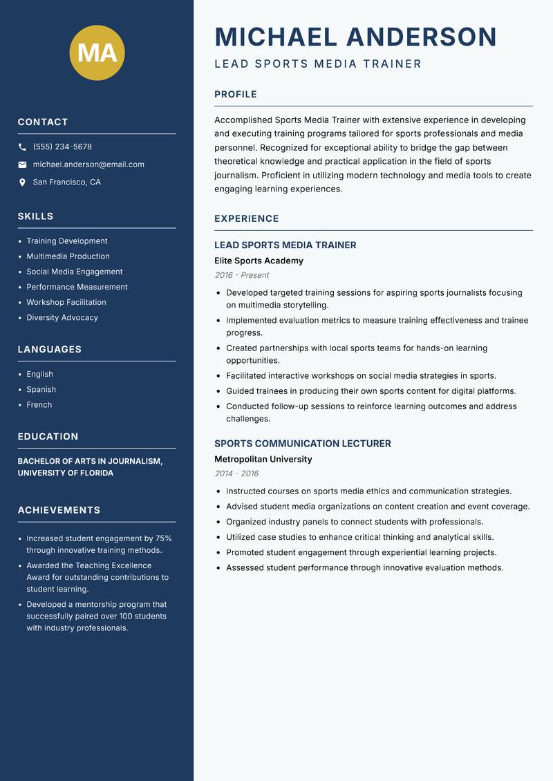 Sports Media Trainer resume template — Classic Clean