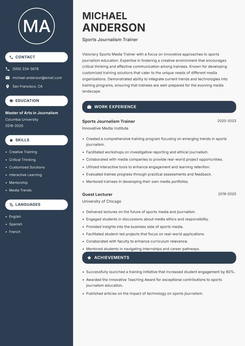 Sports Media Trainer resume template — Compact