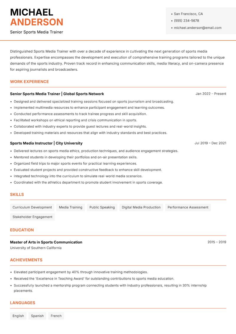 Sports Media Trainer resume template — Modern Professional