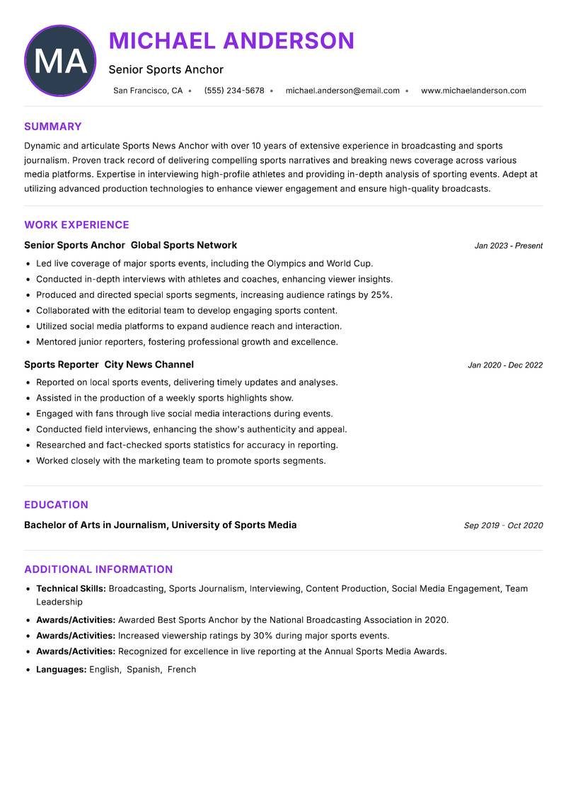 Sports News Anchor resume example — ATS-friendly template