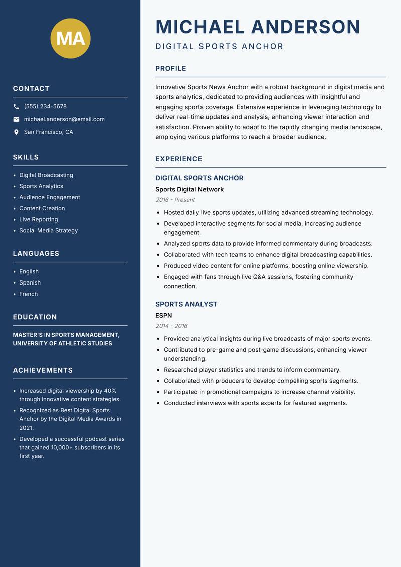 Sports News Anchor resume template — Classic Clean