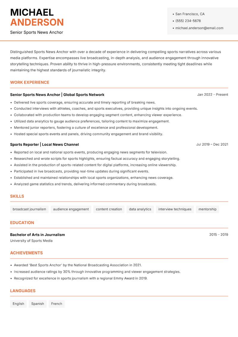 Sports News Anchor resume template — Modern Professional
