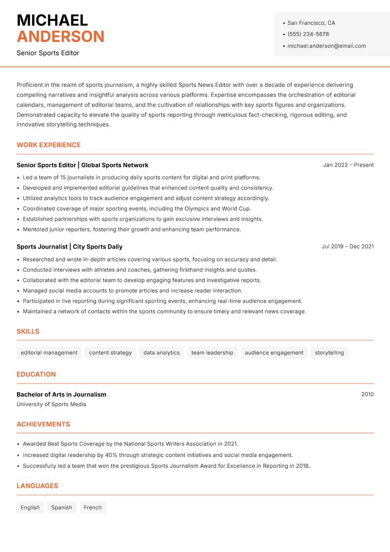 Sports News Editor resume template — Modern Professional
