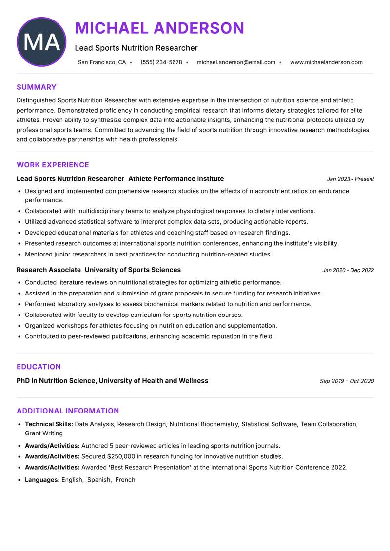 Sports Nutrition Researcher resume example — ATS-friendly template