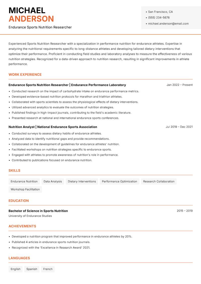 Sports Nutrition Researcher resume template — Modern Professional