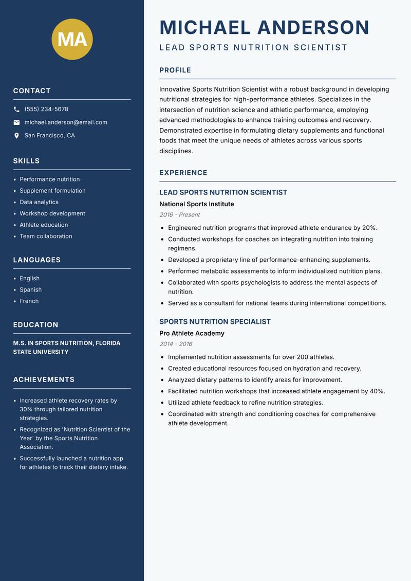 Sports Nutrition Scientist resume template — Classic Clean