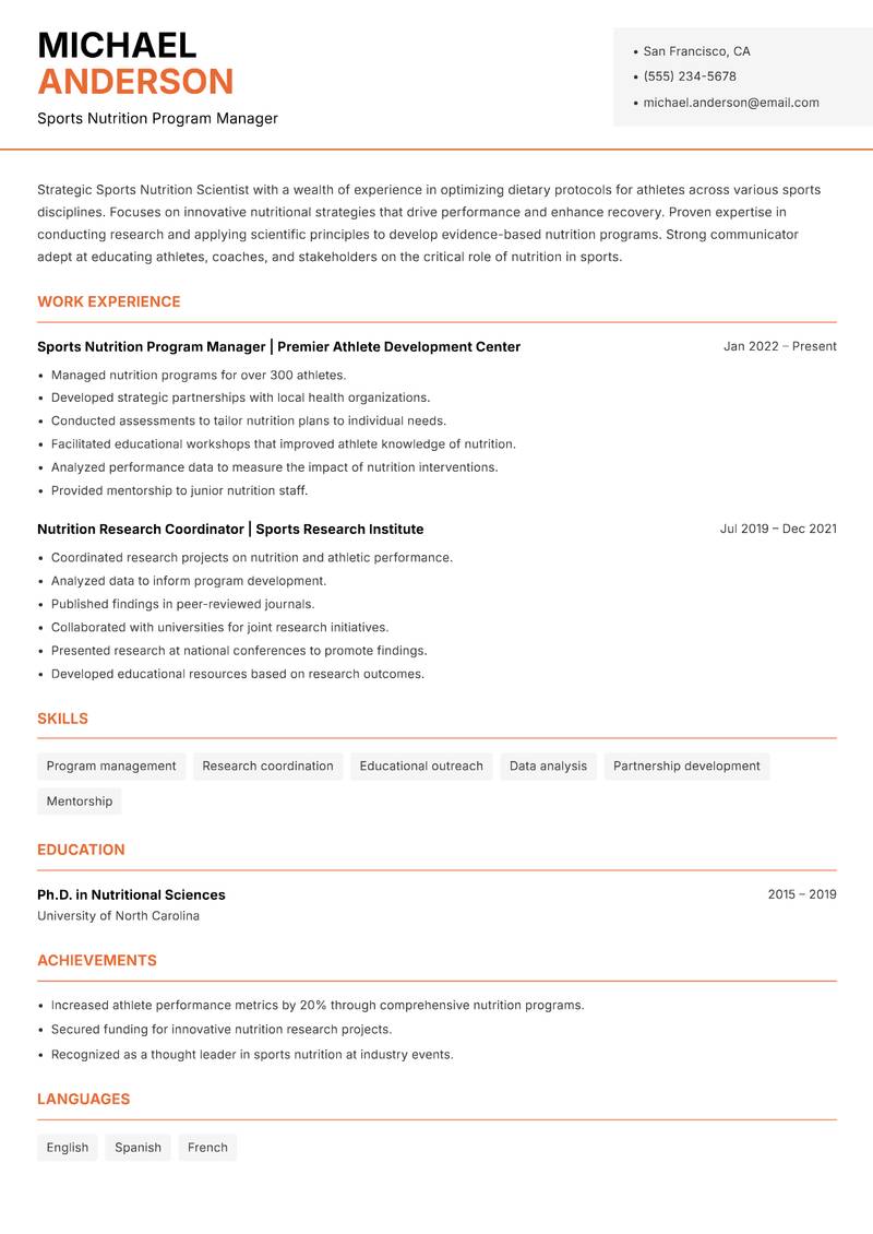 Sports Nutrition Scientist resume template — Modern Professional