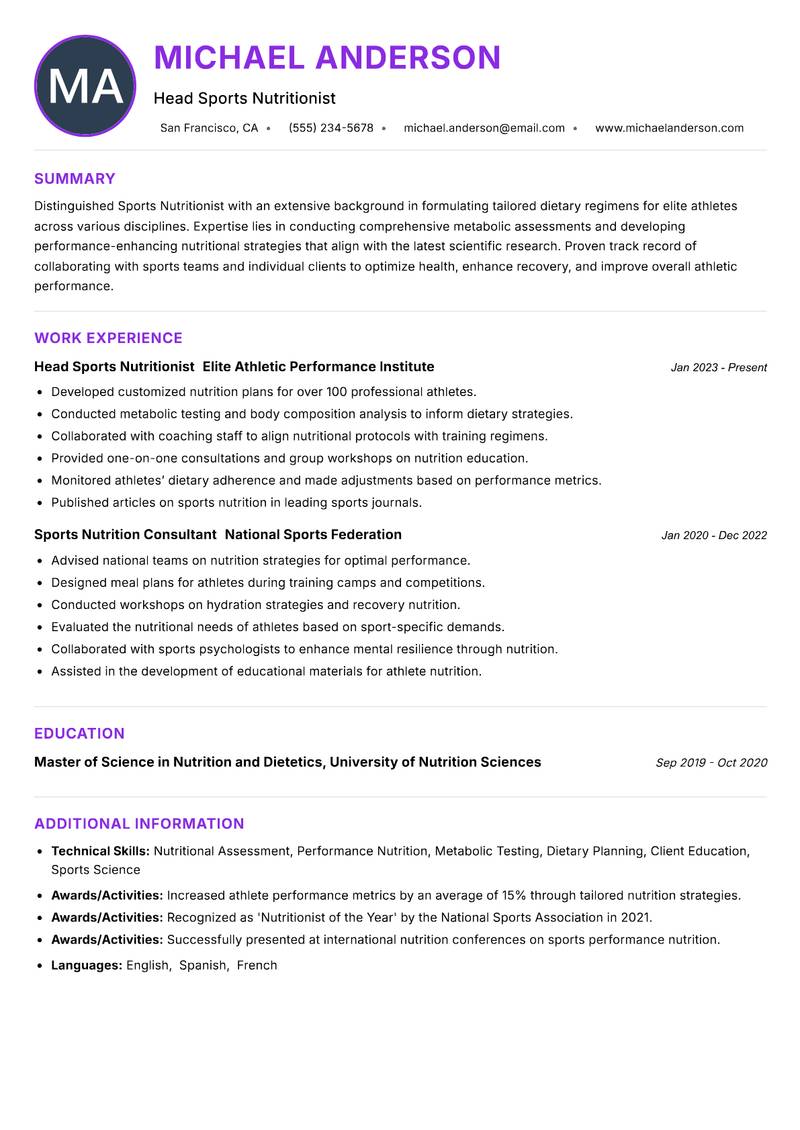 Sports Nutritionist resume example — ATS-friendly template