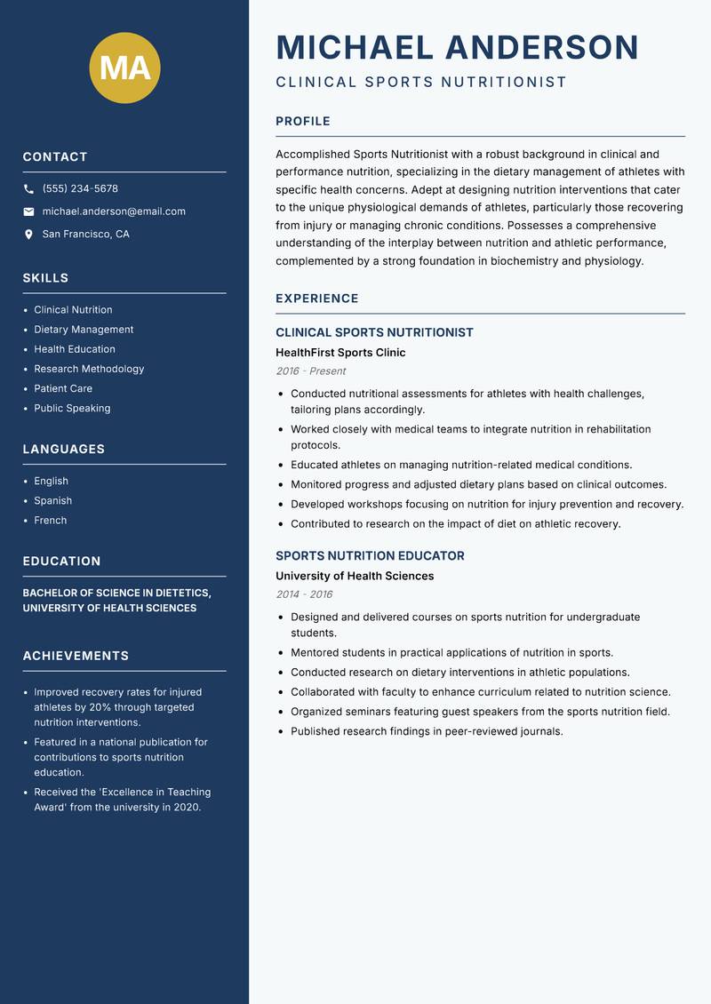 Sports Nutritionist resume template — Classic Clean