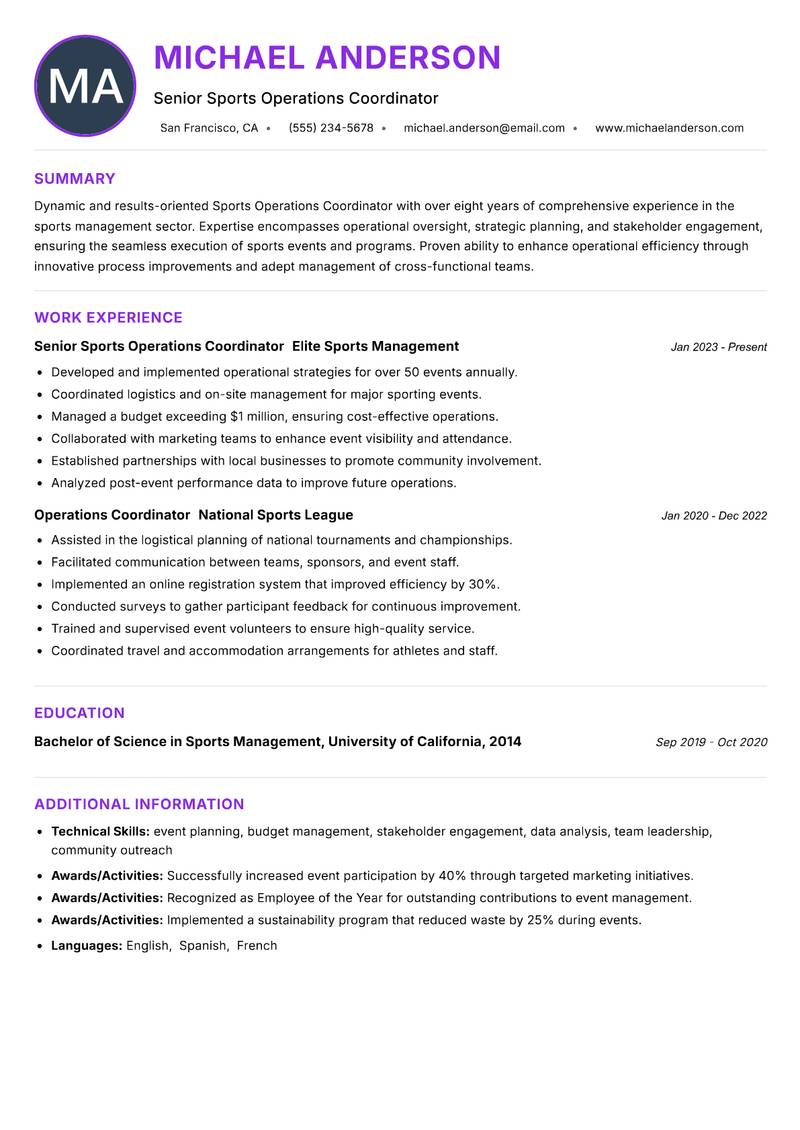 Sports Operations Coordinator resume example — ATS-friendly template