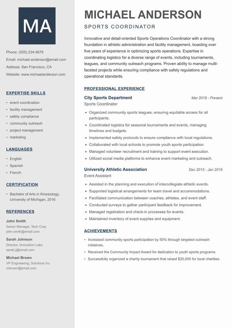 Sports Operations Coordinator resume template — Creative Minimal
