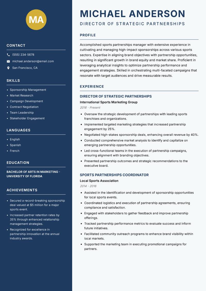 Sports Partnerships Manager resume template — Classic Clean