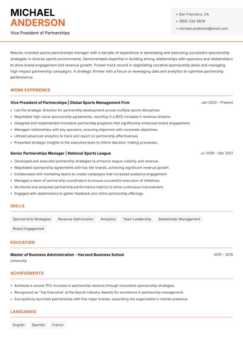Sports Partnerships Manager resume template — Modern Professional