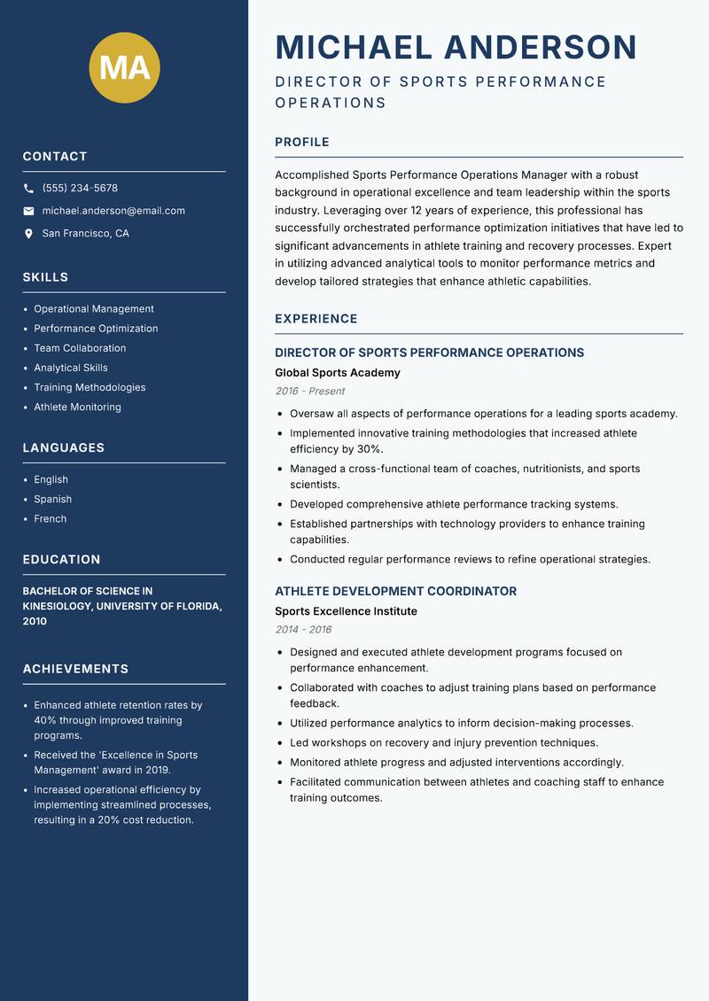 Sports Performance Operations Manager resume template — Classic Clean