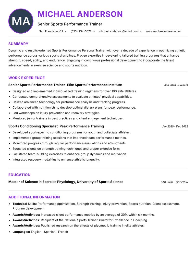 Sports Performance Personal Trainer resume example — ATS-friendly template