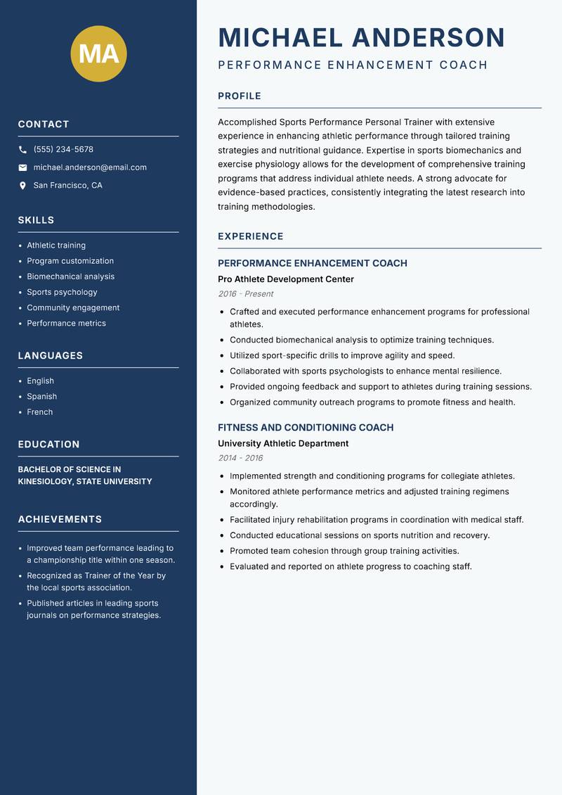 Sports Performance Personal Trainer resume template — Classic Clean