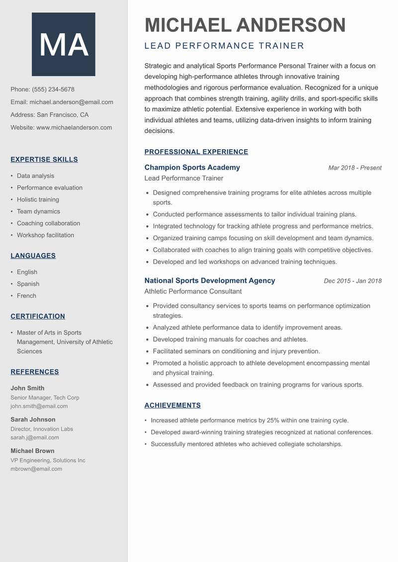 Sports Performance Personal Trainer resume template — Creative Minimal