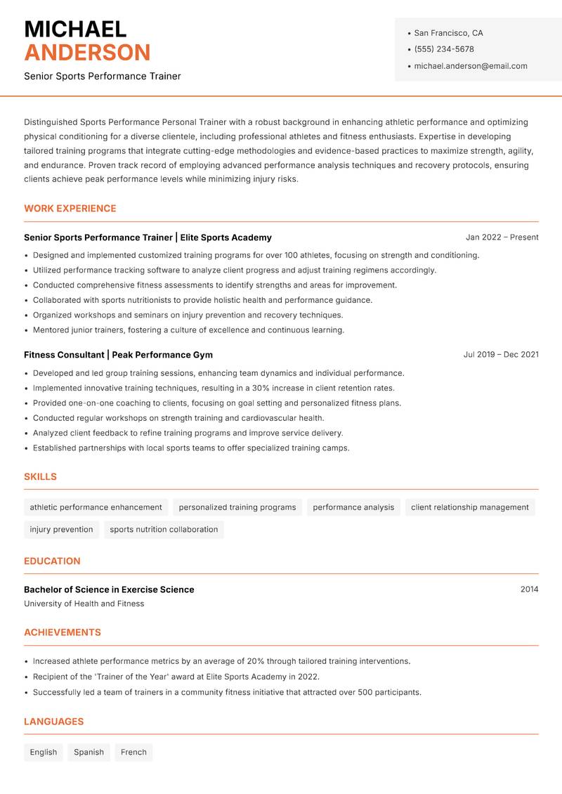 Sports Performance Personal Trainer resume template — Modern Professional