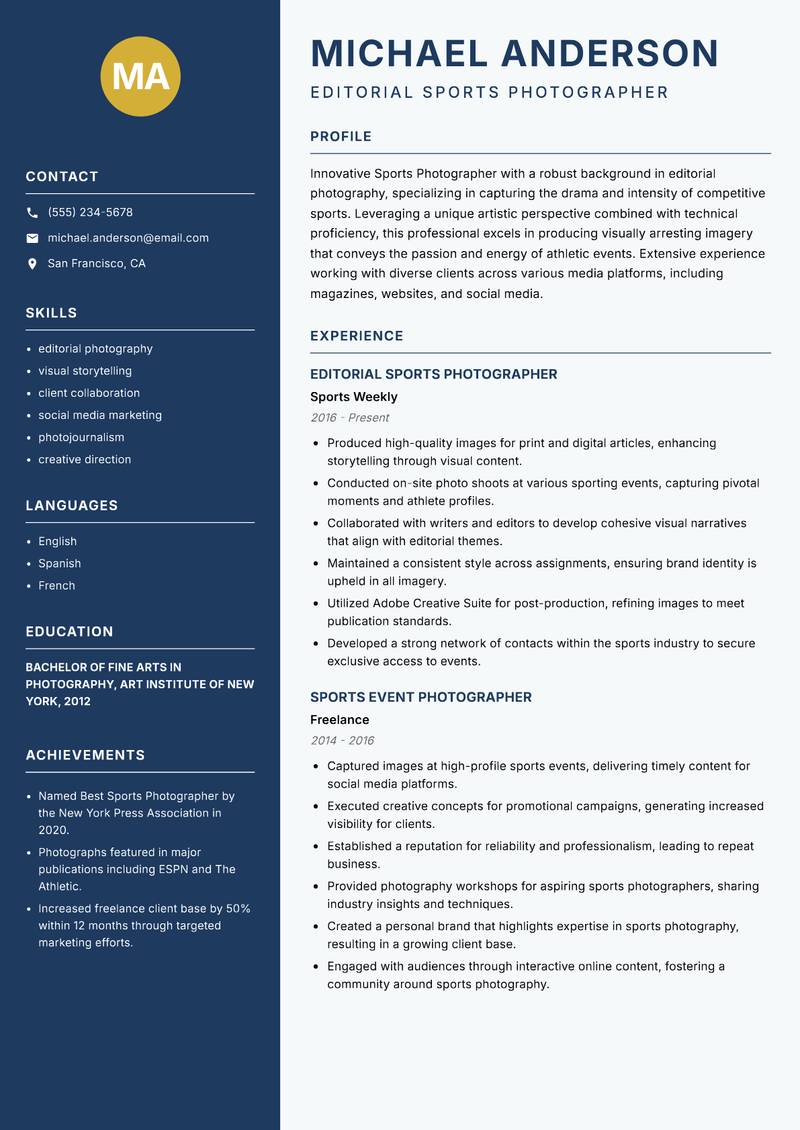 Sports Photographer resume template — Classic Clean