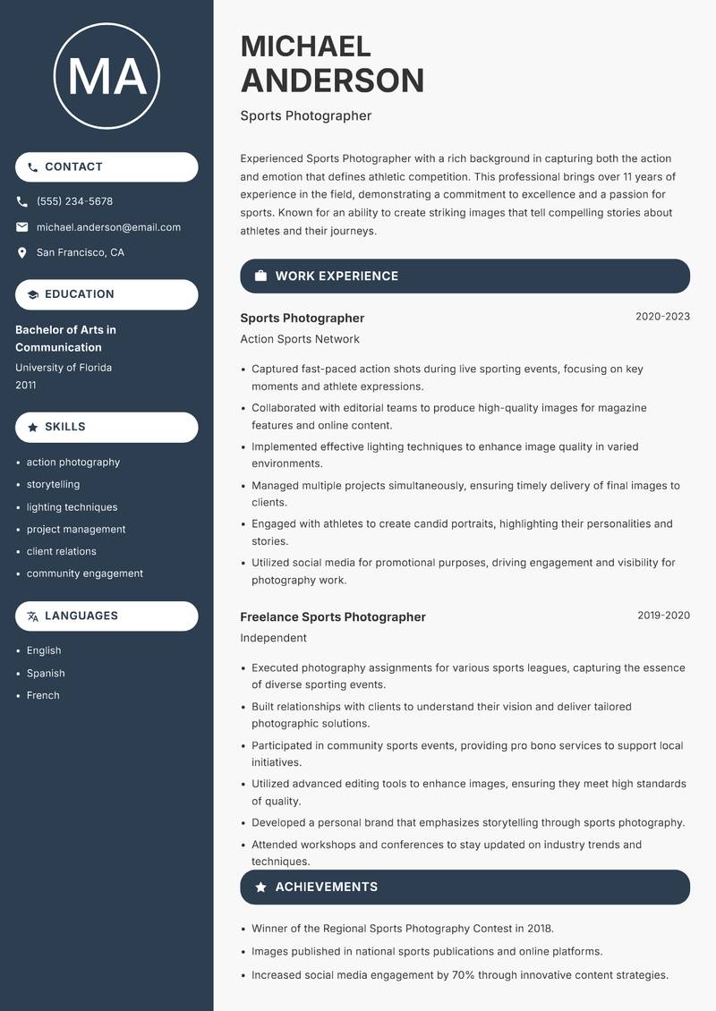 Sports Photographer resume template — Compact