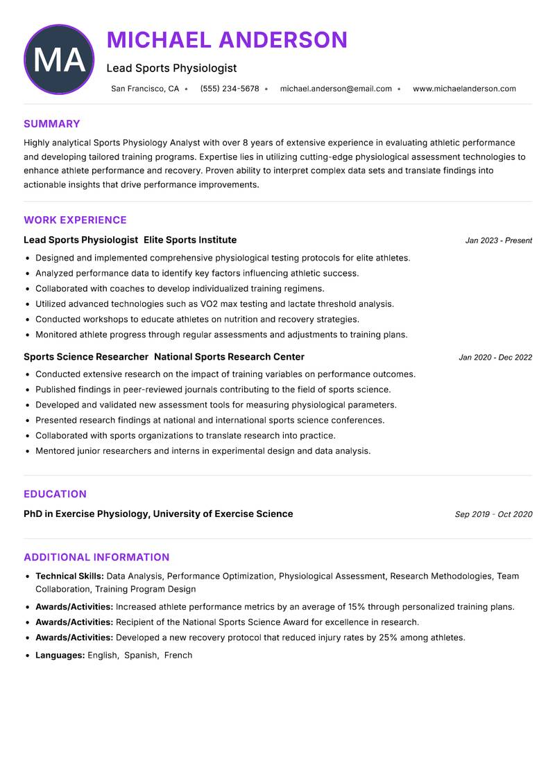 Sports Physiology Analyst resume example — ATS-friendly template