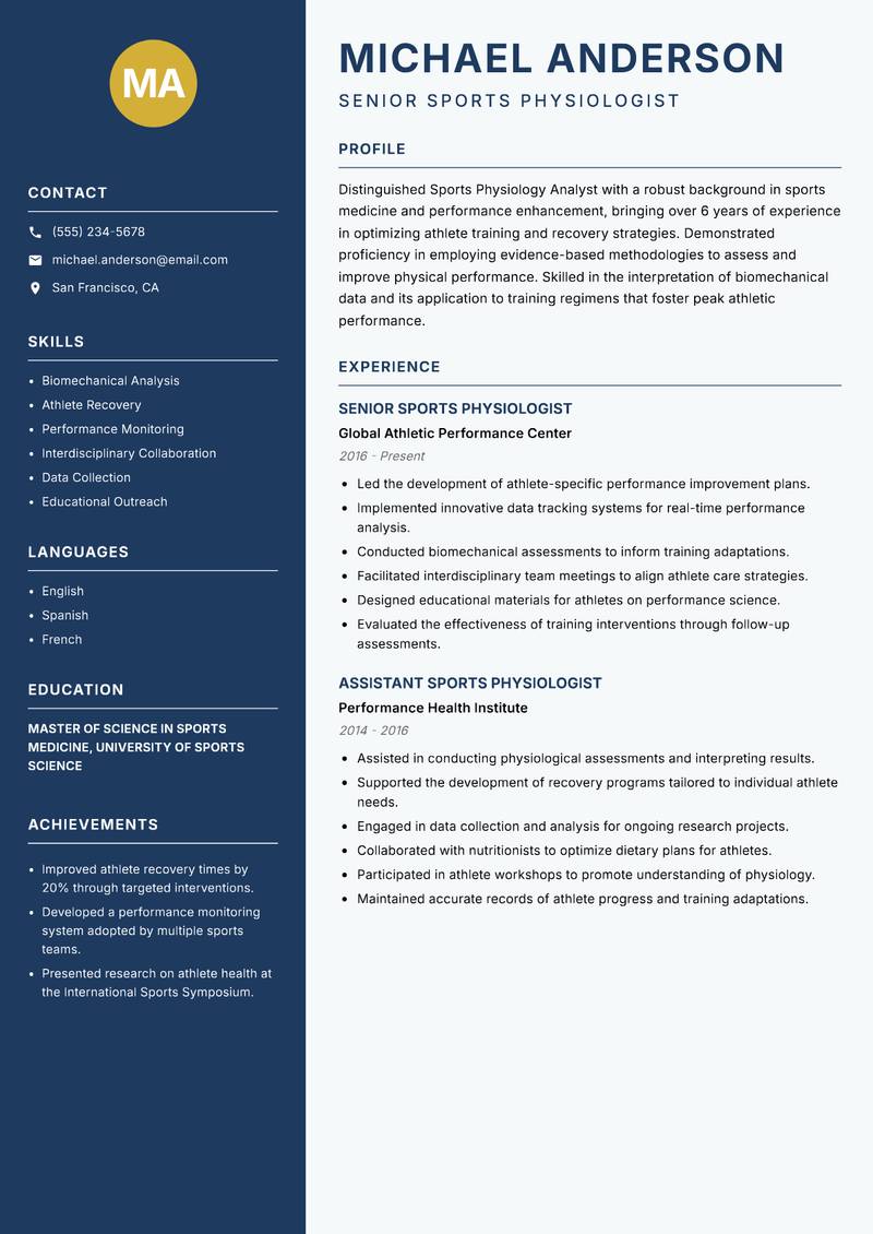 Sports Physiology Analyst resume template — Classic Clean