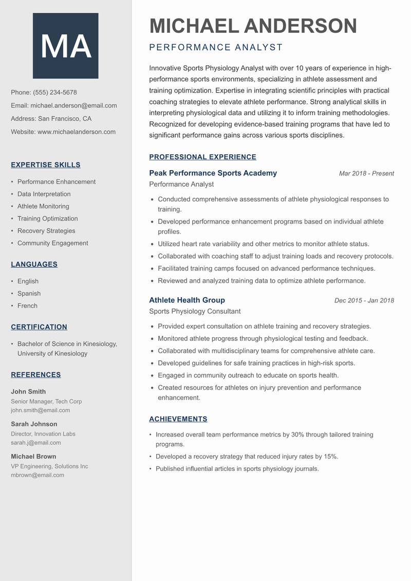 Sports Physiology Analyst resume template — Creative Minimal