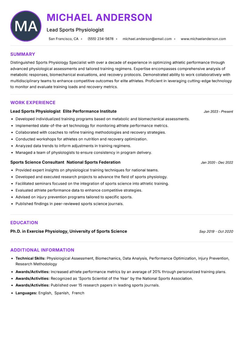 Sports Physiology Specialist resume example — ATS-friendly template