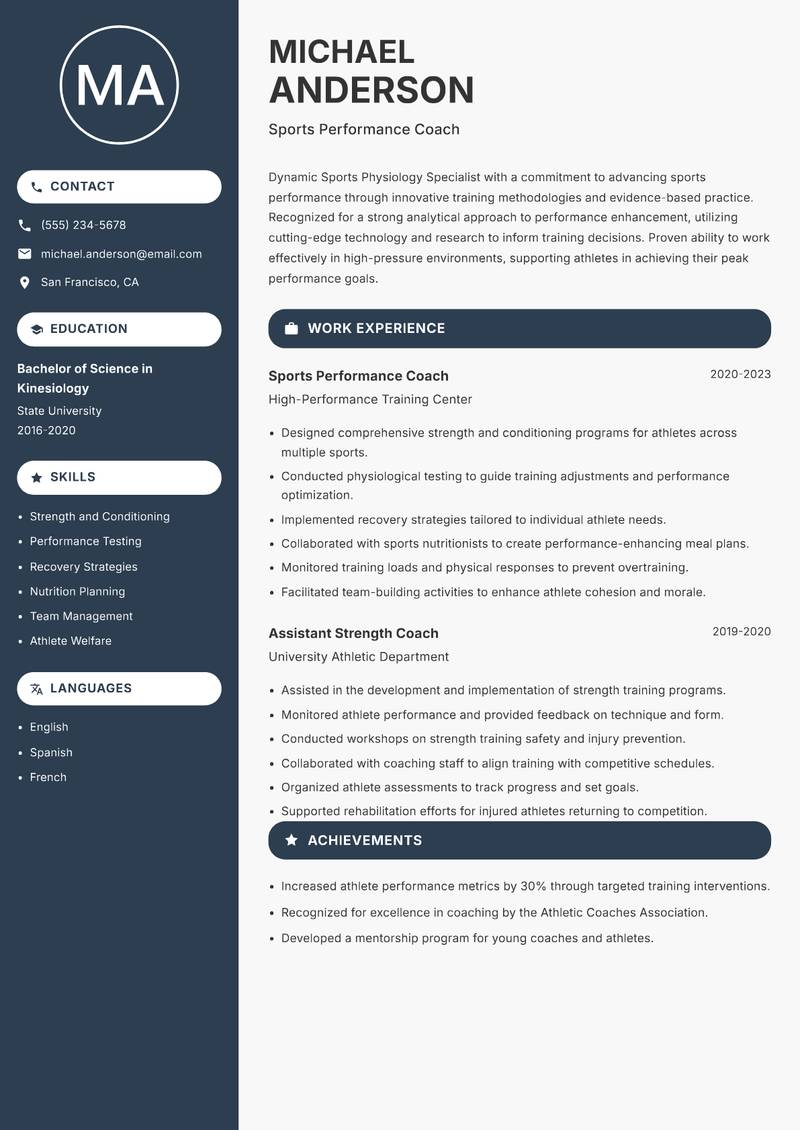Sports Physiology Specialist resume template — Compact