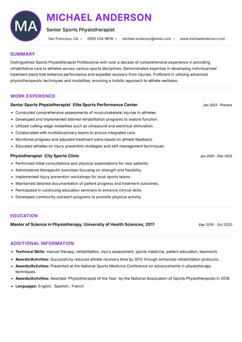 Sports Physiotherapist Professional resume example — ATS-friendly template