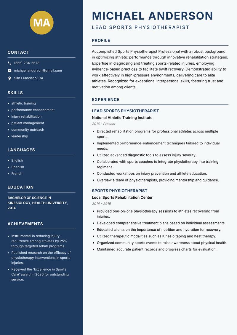 Sports Physiotherapist Professional resume template — Classic Clean