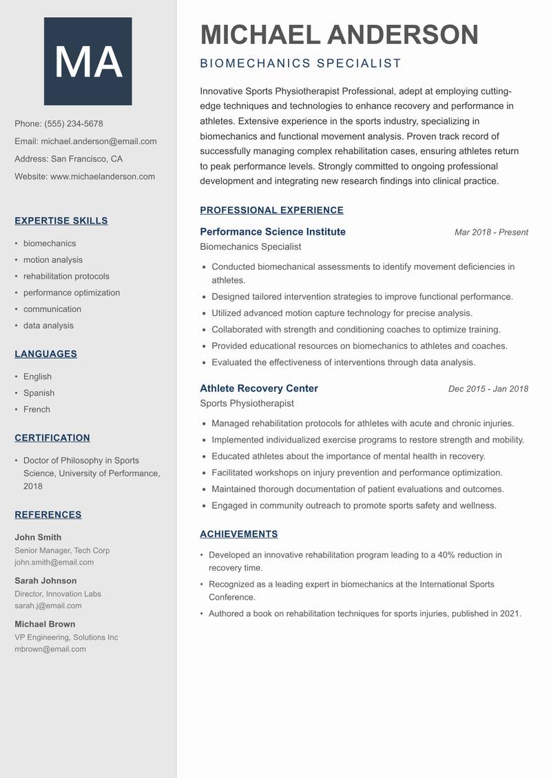 Sports Physiotherapist Professional resume template — Creative Minimal