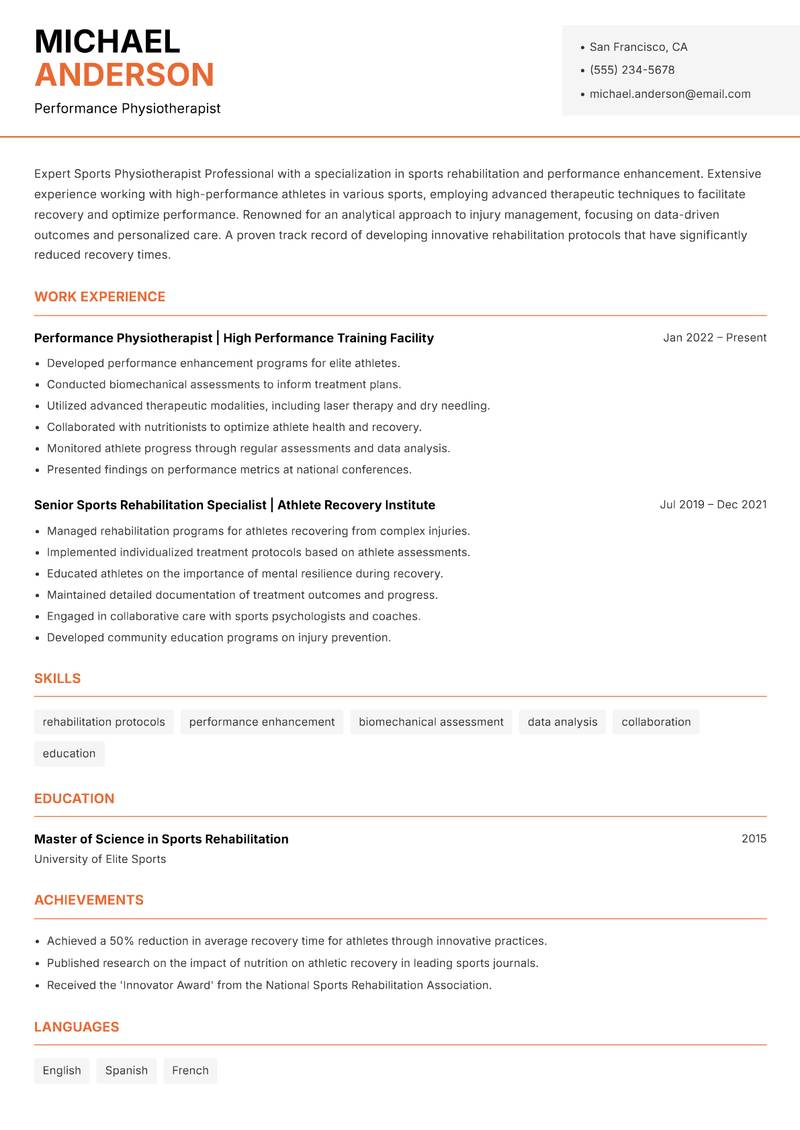 Sports Physiotherapist Professional resume template — Modern Professional