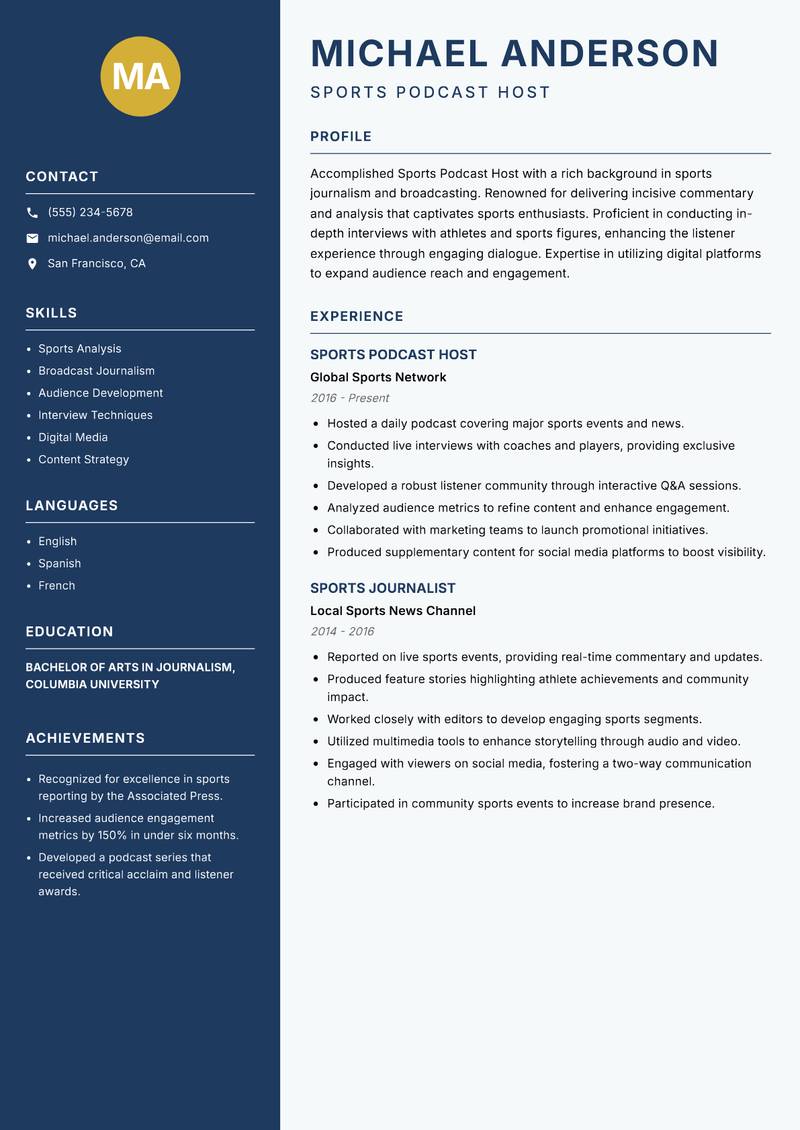Sports Podcast Host resume template — Classic Clean